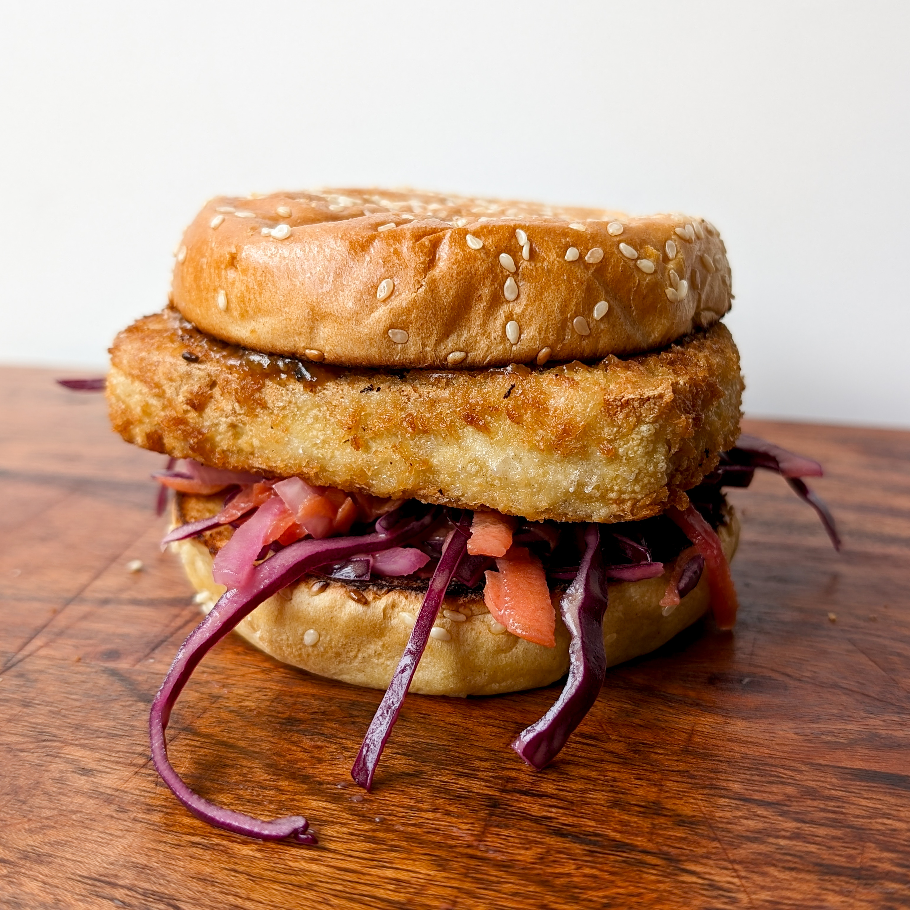 Tofu Burger with Satay Sauce and Tangy Lime Slaw